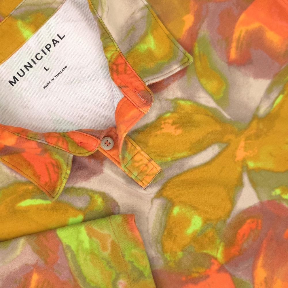 Municipal Polo Shirt Mens Large Orange Floral Knit Summer Casual Golf Top
